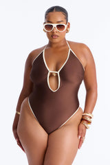 Gone To The Beach Contrast Charm Trim 1 Piece Swimsuit - Brown