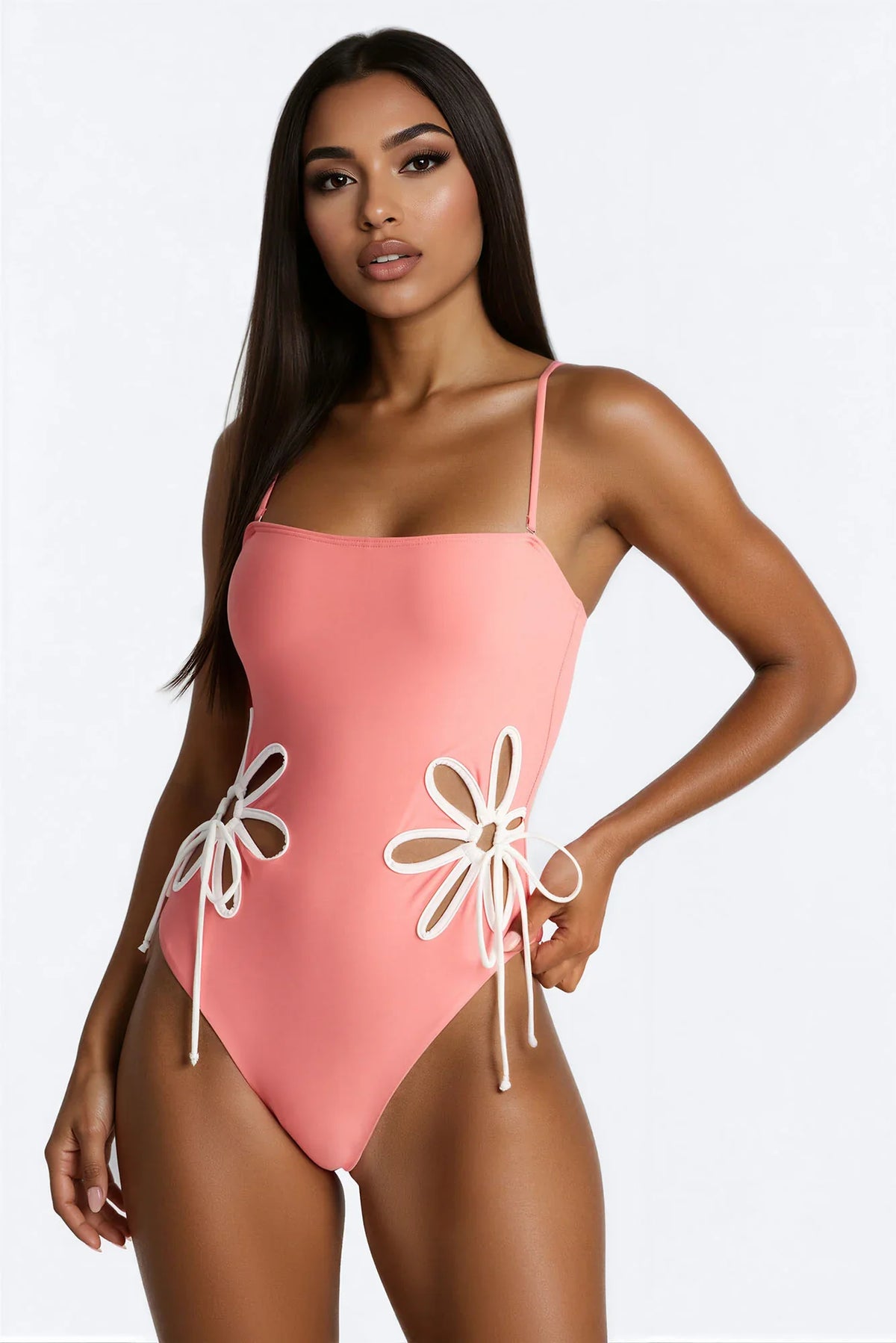 Sweet Spell 1 Piece Strapless Floral Cut Out Swimsuit - Coral