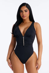 Shore Walks Ruching Hardware 1 Piece Swimsuit - Black