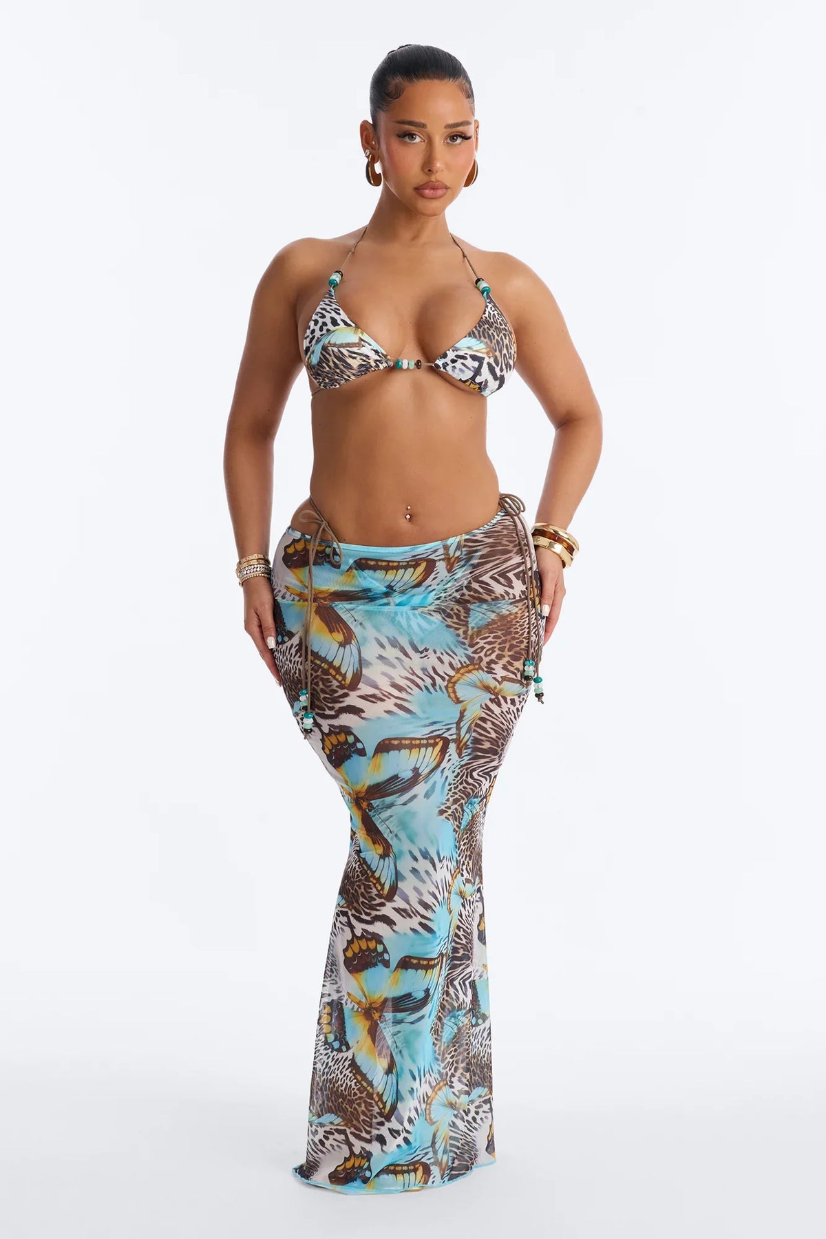 Nila Mixed Beaded Print 3 Piece Triangle Bikini & Skirt Set - Blue/combo