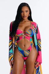 Leila Abstract Cut Out 1 Piece Swimsuit With Swim Cover Up Kimono - Multi Color