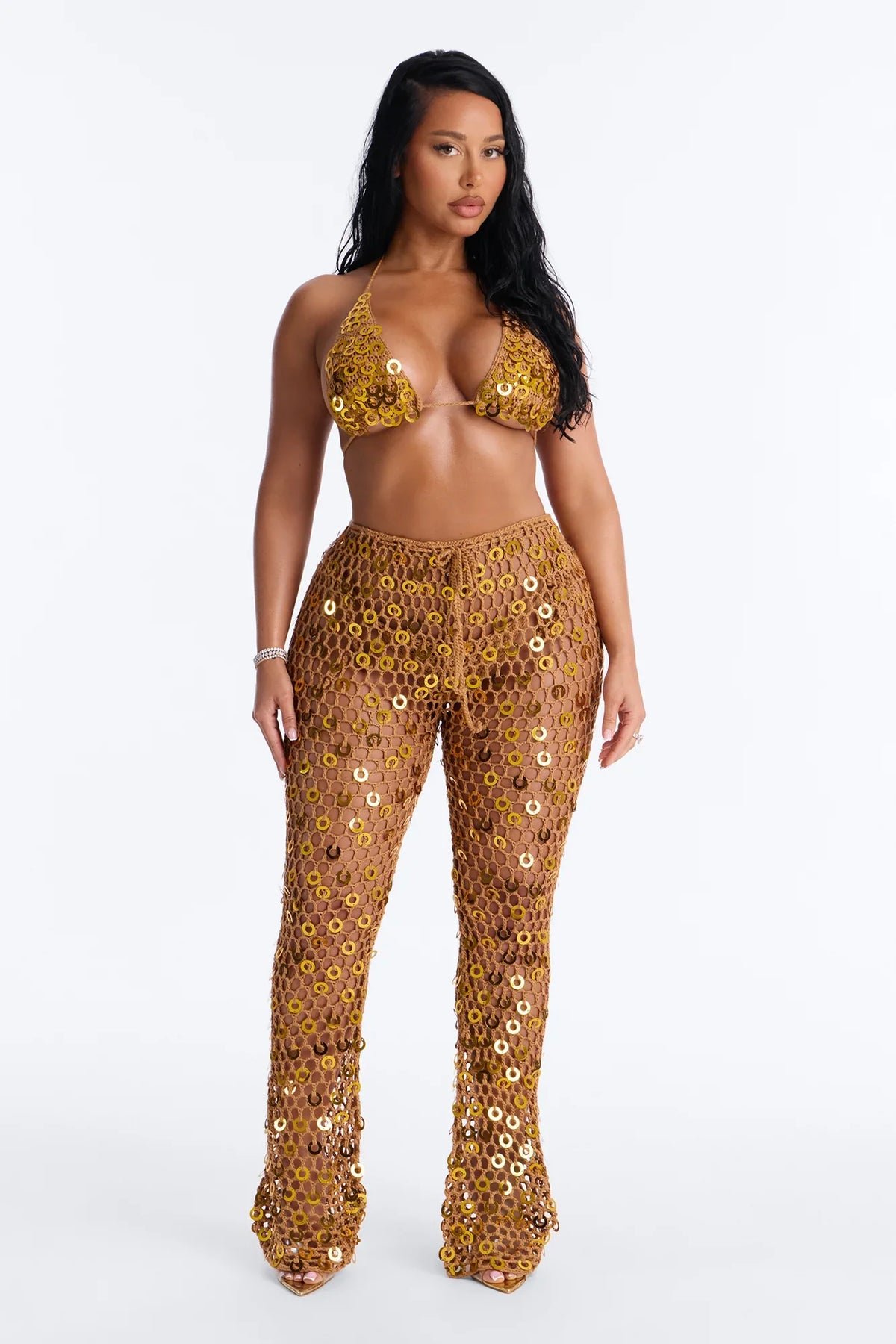 Out Here Bikini And Coverup Pant Set - Gold