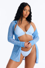 Take It Easy Mesh Cover Up Button Up Shirt - Blue