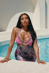 Island Goddess Gemstones Beaded Chains Mesh Cover Up Maxi Dress - Purple/combo