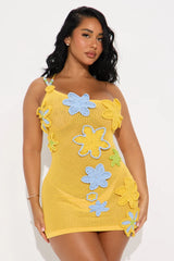 Spring Love Crochet One Shoulder Floral Cover Up - Yellow/combo