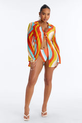 Desert Oasis Striped Triangle Bikini Mesh Shirt Cover Up Set - Orange/combo