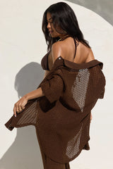 Abby Button Up Swim Cover Up Top - Chocolate