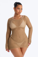 Cassie Crochet Deep Scoop Backless Cover Up Dress - Tan