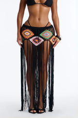 Aliana Crochet Fringe Cover Up Skirt - Black/combo