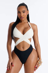 High Tide 1 Piece Wrap Halter Swimsuit - White/Black