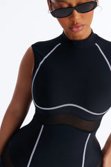 Jestena 1 Piece Turtle Neck Cutout Mesh Romper Swimsuit - Black