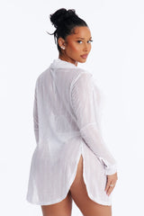 Take It Easy Mesh Cover Up Button Up Shirt - White