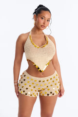 Meadow Crochet 2 Piece Embellished Halter Swim Cover Up & Short Set - Cream