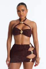 Coconut Drip Textured Hibiscus 3 Piece Bikini Skirt Set - Brown