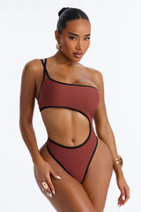 Riviera Ready 1 Piece One Shoulder Cut Out Swimsuit - Brown/combo