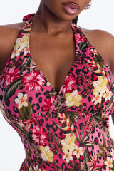 Girly Summer Floral 1 Piece Halter Swimsuit - Pink/combo